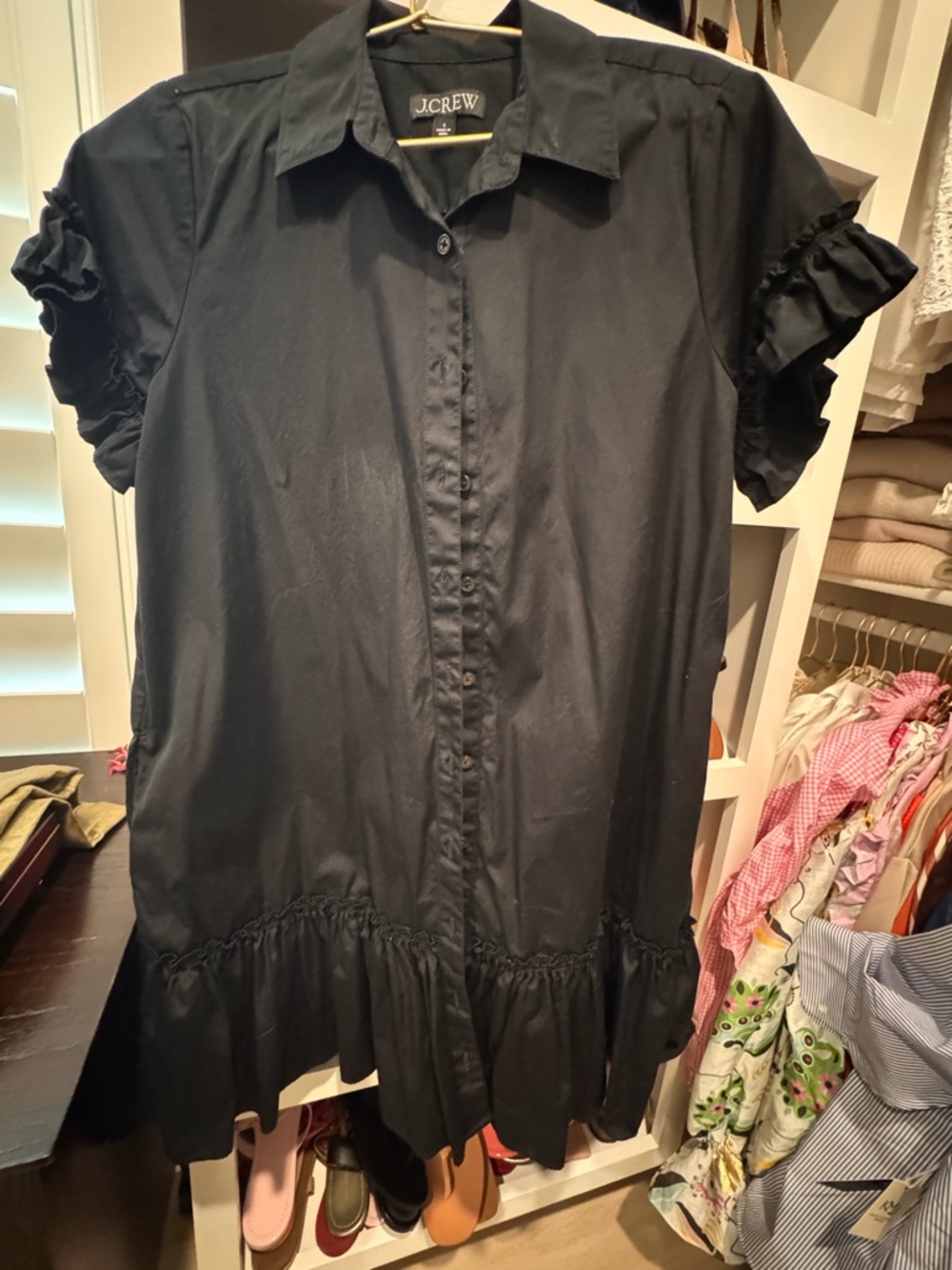 J. Crew Black Short-Sleeve Ruffle Hem Shirt Dress